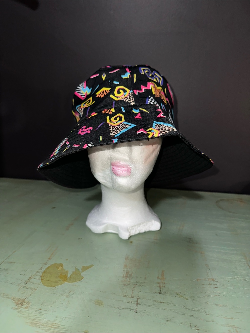 Black Bucket Hat with Neon Geometric Print, 90’s Y2K